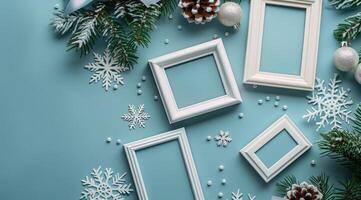 blanco imagen marcos con invierno decoración en azul antecedentes foto
