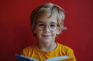 Smiling Boy Reading Book Against Red Wall photo