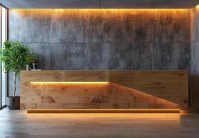 Modern Wooden Reception Desk With Yellow Lighting in a Contemporary Lobby photo