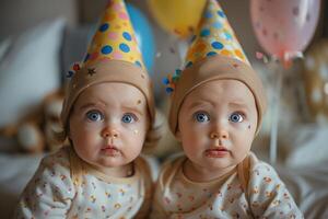 Twin Babies in Party Hats Look at Camera photo