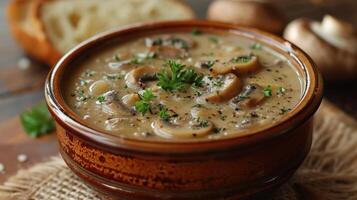 Creamy Mushroom Soup With Parsley Garnish in a Brown Bowl photo