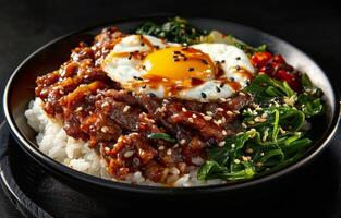 Close Up of a Black Bowl Filled With a Savory Beef and Rice Dish Topped With a Fried Egg and Greens photo