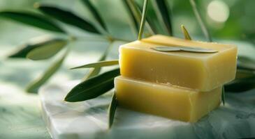 Two Bars of Handmade Olive Oil Soap With Rosemary and Olives photo