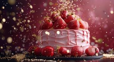 Delicious Strawberry Cake With Golden Confetti Falling photo
