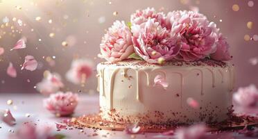White Cake Topped With Pink Peonies and Confetti Falling photo
