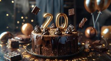 Chocolate Cake With Golden Balloons and Number 20 Candles photo