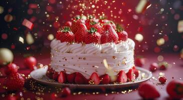 Delicious Strawberry Cake With Golden Confetti Falling photo