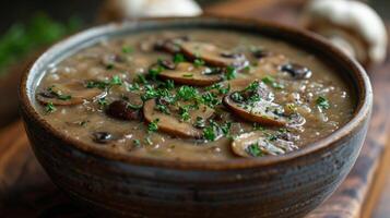 Creamy Mushroom Soup With Parsley Garnish in a Brown Bowl photo