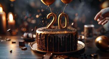 Chocolate Cake With Golden Balloons and Number 20 Candles photo