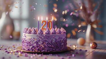 Purple Birthday Cake With Gold Twenty Candles and Confetti photo