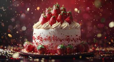 Delicious Strawberry Cake With Golden Confetti Falling photo