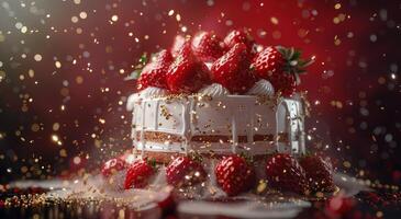 Delicious Strawberry Cake With Golden Confetti Falling photo