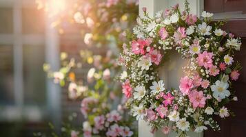 Colorful Floral Wreath on Front Door in Sunny Daytime photo