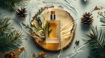 Perfume Bottle on Wooden Slab in Winter Forest Setting photo
