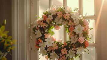 Colorful Floral Wreath on Front Door in Sunny Daytime photo