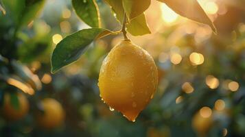 Ripe Lemon Hanging From Branch In A Lemon Orchard At Sunset photo