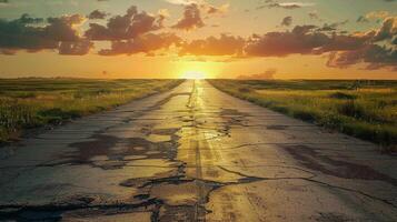 A Cracked Road Leading Towards a Setting Sun in a Vast Meadow photo