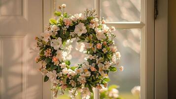 Colorful Floral Wreath on Front Door in Sunny Daytime photo
