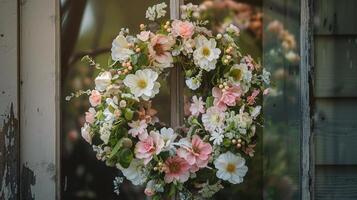 Colorful Floral Wreath on Front Door in Sunny Daytime photo