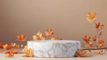 White Marble Platform With Autumn Leaves on Tan Background photo