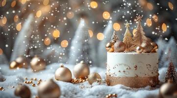 White Cake With Golden Accents and Christmas Trees in Snowy Winter Setting photo