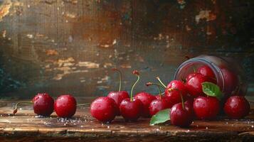 Ripe Red Cherries on Rustic Weathered Wooden Table photo