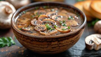 Creamy Mushroom Soup With Parsley Garnish in a Brown Bowl photo