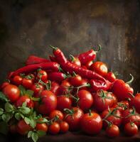 Fresh Red Tomatoes and Peppers on a Dark Background photo