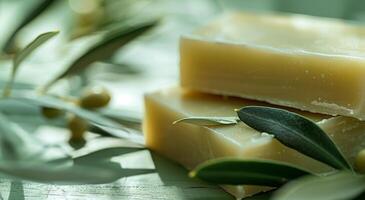 Two Bars of Handmade Olive Oil Soap With Rosemary and Olives photo