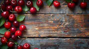 Ripe Red Cherries on Rustic Weathered Wooden Table photo