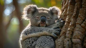 A Sleepy Koala Resting in a Eucalyptus Tree in Australia photo