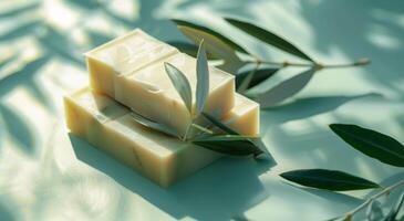 Two Bars of Handmade Olive Oil Soap With Rosemary and Olives photo