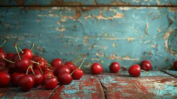 Ripe Red Cherries on Rustic Weathered Wooden Table photo