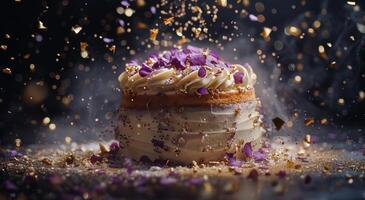 Layered Cake With Purple Petals and Powdered Sugar Falling photo