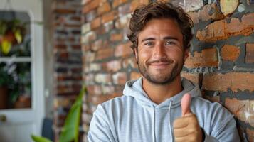 Confident Man With Arms Crossed, Standing in Front of Brick Wall photo