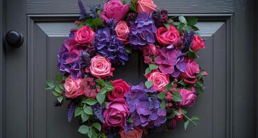 Purple, Pink, and Blue Floral Wreath on a Gray Door photo