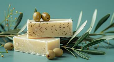 Two Bars Of Natural Olive Oil Soap With Olive Branch On Green Towel photo