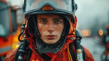 Close Up of Firefighter in Full Gear During Winter Emergency photo