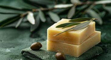 Two Bars Of Natural Olive Oil Soap With Olive Branch On Green Towel photo