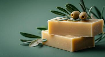 Two Bars Of Natural Olive Oil Soap With Olive Branch On Green Towel photo