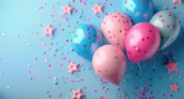 Pink and Blue Balloons With Stars on a Blue Background photo