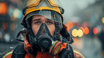 Close Up of Firefighter in Full Gear During Winter Emergency photo