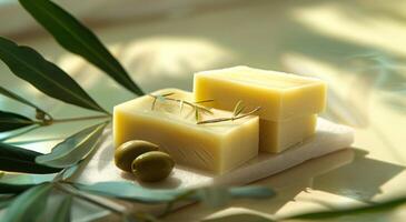 Two Bars of Handmade Olive Oil Soap With Rosemary and Olives photo