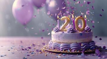 Purple Birthday Cake With Gold Twenty Candles and Confetti photo