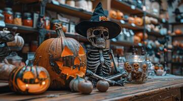 Skeleton Decorated for Halloween With Pumpkins in a Store photo