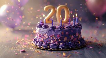 Purple Birthday Cake With Gold Twenty Candles and Confetti photo