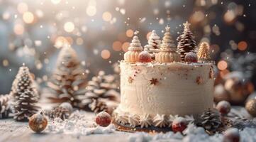 Festive Christmas Cake Decorated With Snow And Miniature Trees photo