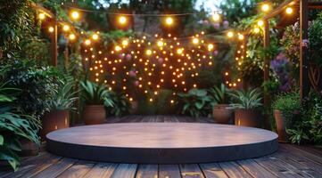 Wooden Platform With String Lights In A Lush Garden Setting photo