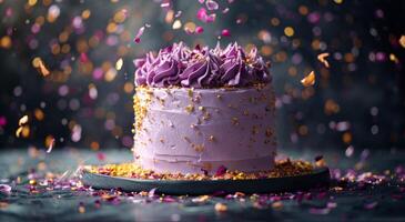 Purple Cake With Falling Rose Petals on a Dark Background photo