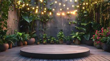 Wooden Platform With String Lights In A Lush Garden Setting photo